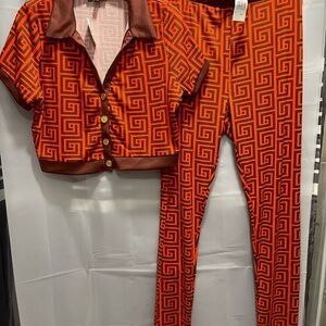 Geometric Patterned Orange and Brown 2 piece Leggings set